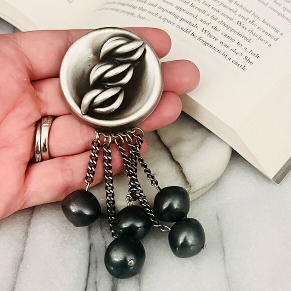 Vintage Modernist Style Brooch Silver Metal Dangle Beads Chain MCM Statement - Picture 4 of 8